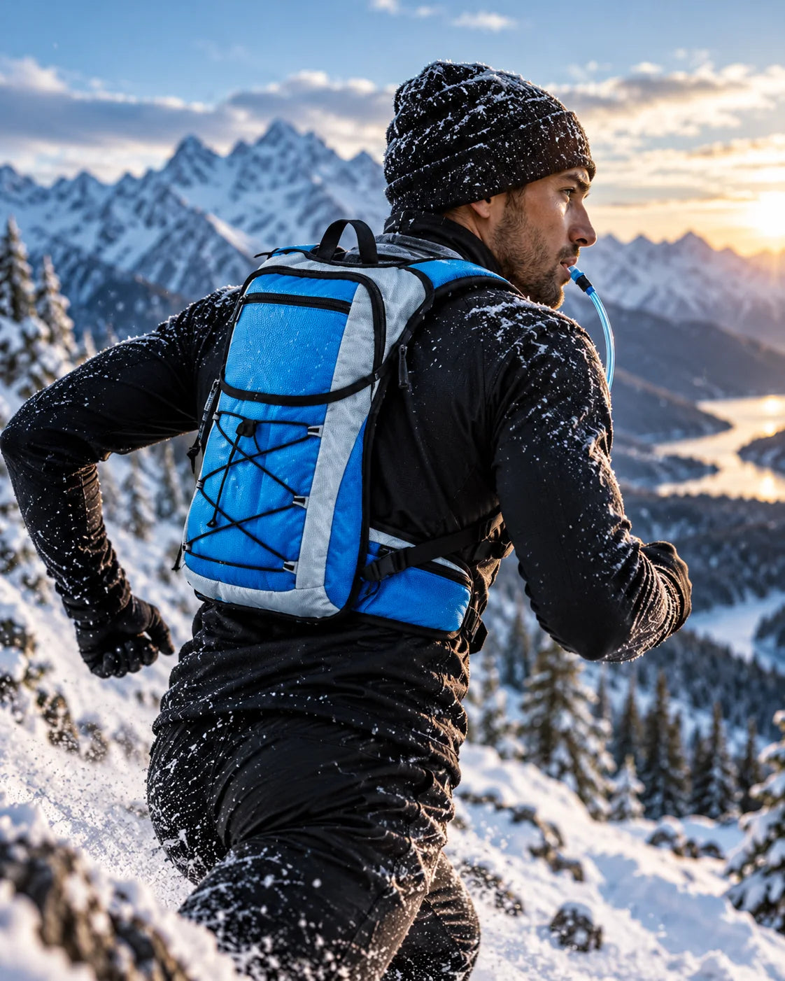 Insulated hydration backpack used on a winter trail run