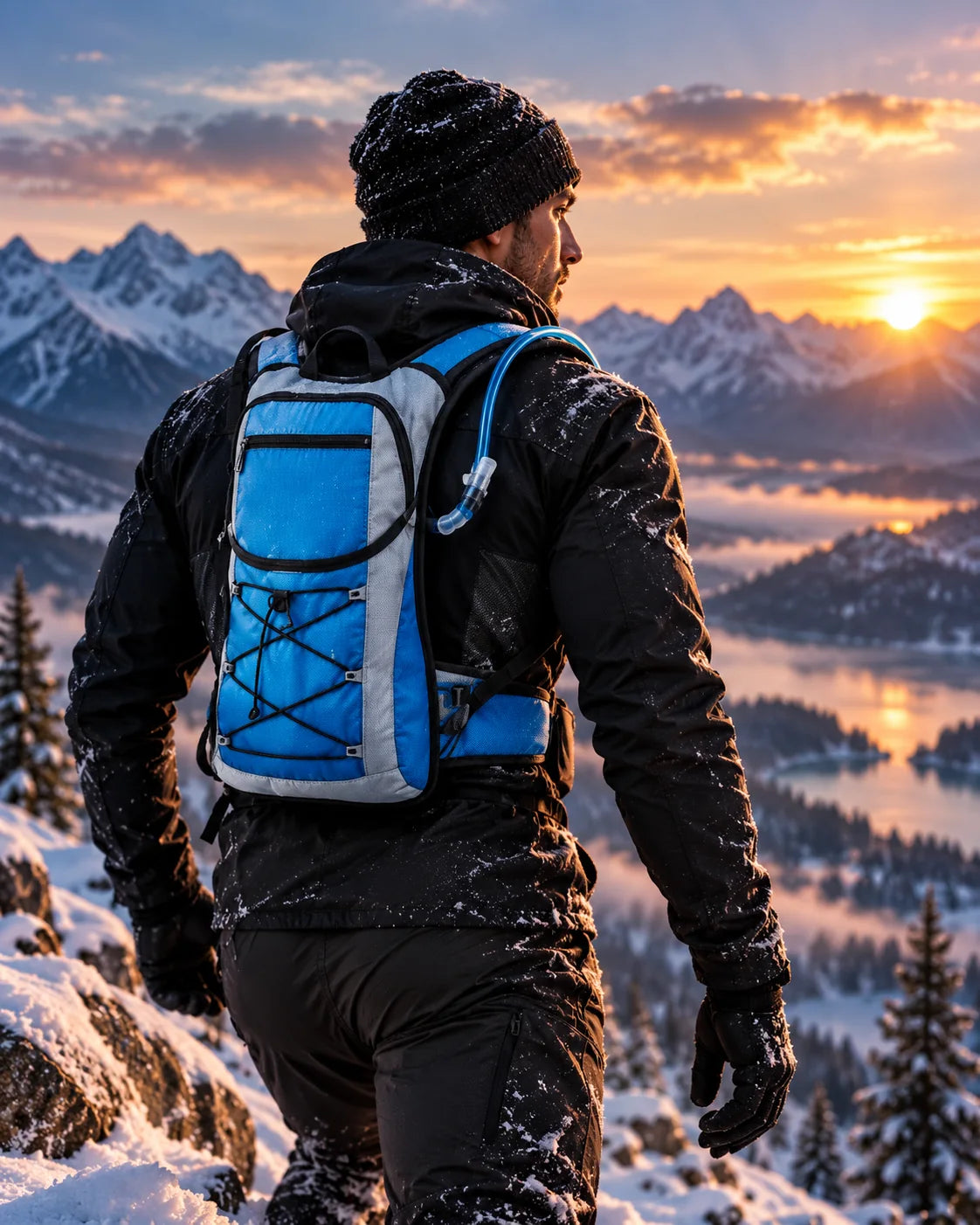 Hydration backpack on a snowy mountain route