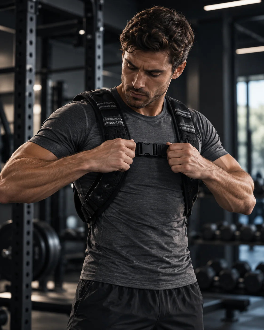 Weighted training vest being adjusted in the gym